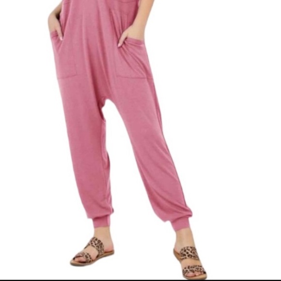 BOHO JUMPSUIT WITH POCKETS - DUST BLUSH PINK - Picture 3 of 4